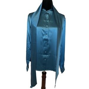 Vintage NWT Bloomingdale's Teal Blue 100% Silk Button-Up Blouse and Scarf Set